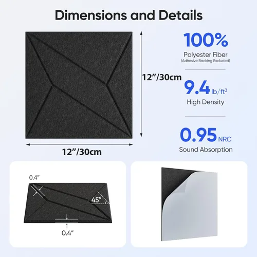 Miniatura 3 de Paquete de 12 paneles acústicos de 12 x 12 x 0.4 pulgadas para absorción de sonido de pared, paneles de sonido cuadrados autoadhesivos de rayas P