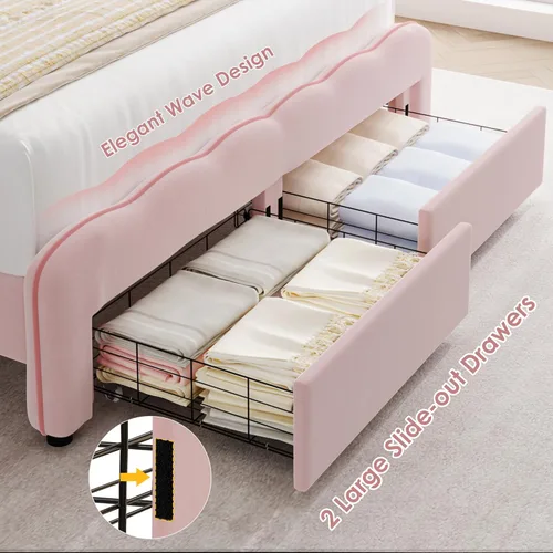 Miniatura 4 de HOSTACK Base de cama LED tapizada tamaño Queen con cajones de almacenamiento, bonita cama para niñas con cabecera de loto ajustable, marco de cama