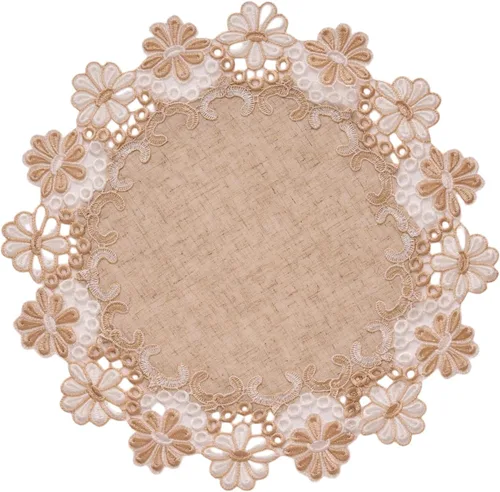 Miniatura 12 de Manteles europeos de encaje jacquard antiguo, pequeño, de lino bordado de granja, bufanda, mantel rústico (forma de flor, diámetro de 15.7 pulgadas)