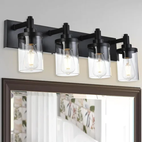 Miniatura 13 de Lámpara de tocador moderna negra para baño, 5 luces de baño, sobre espejo con pantalla de vidrio transparente, lámpara de montaje en pared, luces