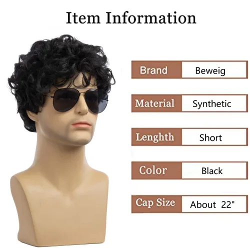 Miniatura 3 de Peluca negra corta y rizada para hombre, peluca sintética para cosplay, con gorra de peluca