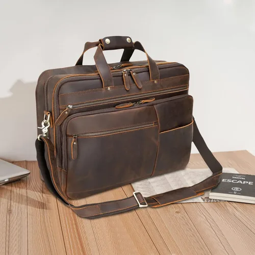 Miniatura 2 de Maletín grande de cuero para hombres de 18 pulgadas de grano completo para laptop, bolsa de mensajero para portátil de 17.3 pulgadas, marrón oscuro