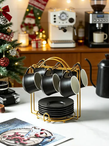 Miniatura 5 de YHOSSEUN Juego de 6 Tazas de Café Espresso de Cerámica, Tazas de Shots de Espresso de 4 Oz con Soporte, Platillos y Cucharas, Tazas Pequeñas de Café