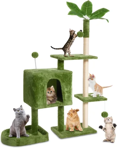 Árbol para gatos de 52 pulgadas de interior con hojas verdes, torre para gatos de varios niveles con condominio de felpa acogedor para gatos, casa