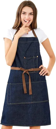 Miniatura 6 de YukaBa Delantal de cocina de mezclilla ajustable azul con 5 bolsillos para mujeres y hombres con actualización optimizada (mezclilla)
