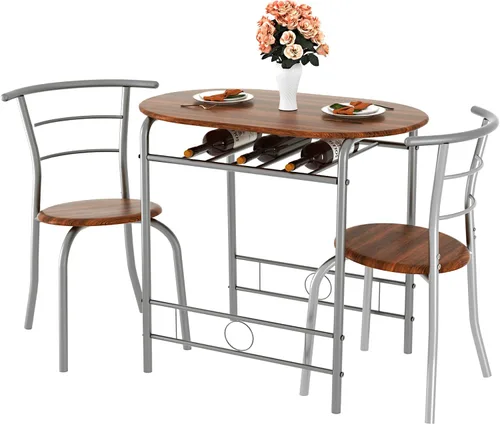 Miniatura 26 de VECELO Juego de mesa de comedor de 3 piezas para rincón de desayuno, mesa ovalada de mármol sintético y marco de metal con estante de vino Blanco