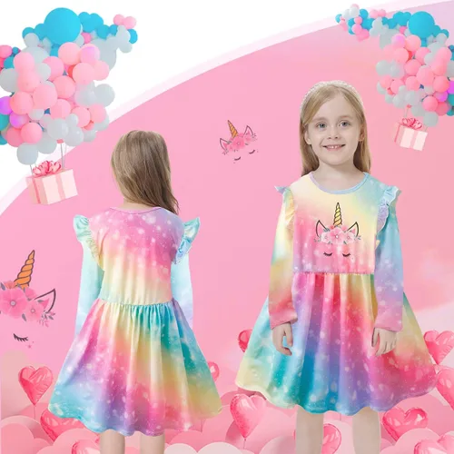 Miniatura 7 de VASCHY Vestido para niñas, suave, elástico, casual, con volantes, para uso diario, para niñas pequeñas, grandes, ropa de 2 a 10 años