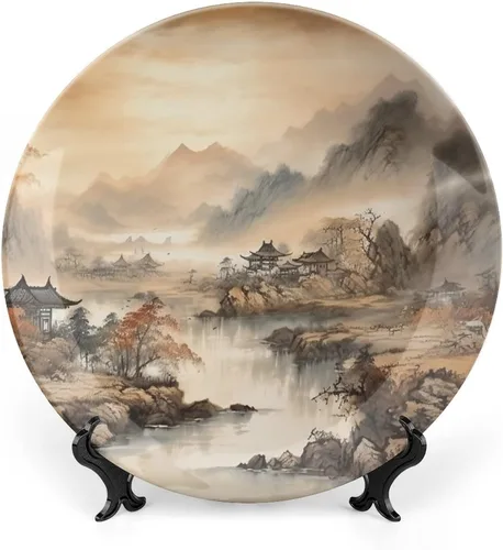 Plato decorativo de pintura de tinta de paisaje chino antiguo, platos de cerámica, regalos de boda, platos de cena para sala de estar, dormitorio,