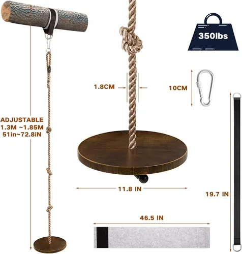 Miniatura 2 de Yangbaga Columpio de cuerda de disco redondo de madera de 51 a 73 pulgadas, cuerda de escalada ajustable con correa para colgar, gancho a presión