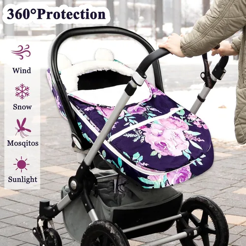 Miniatura 4 de Funda de asiento de automóvil de invierno para niñas, cubierta acogedora y cálida, toldo de asiento de automóvil infantil, ultra suave, Purple Flower
