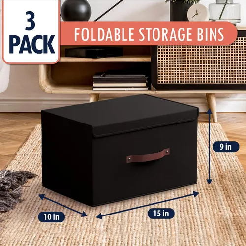 Miniatura 6 de Ornavo Home Paquete de 3 contenedores de almacenamiento plegables con tapa, cesta de almacenamiento plegable de tela de lino, organizador de armario