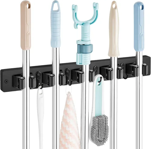Miniatura 20 de OUTNILI Soporte de Pared Negro para Escoba y Trapeador con 4 Ranuras y 4 Ganchos - Colgador de Escoba y Trapeador de Madera Rústica para Despensa