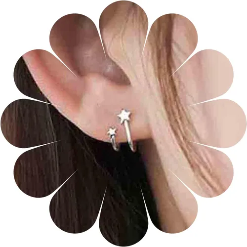 Aretes de aro en espiral con forma de estrella de plata, aretes bohemios con forma de estrella en racimo, aretes tipo dormilona para mujeres y niñas