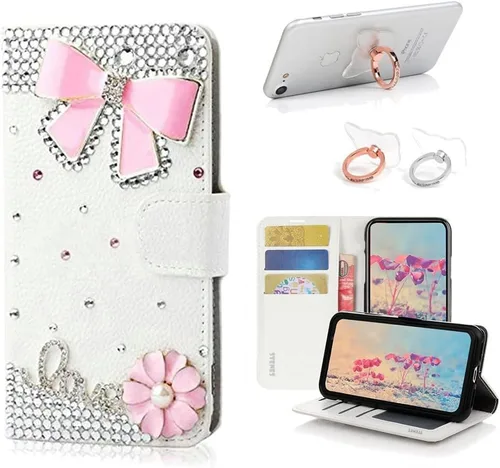 Bling - Funda tipo cartera compatible con iPod Touch 5 y iPod Touch 6, elegante, diseño de flores hechas a mano en 3D con soporte para anillo, color