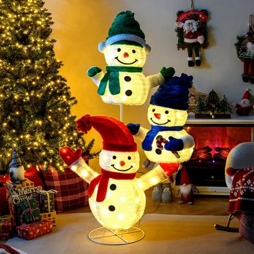 Miniatura 3 de Tangkula Muñeco de nieve de 5 pies iluminado para Navidad, decoración de 3 muñecos de nieve apilados, muñeco de nieve 3D iluminado con estacas