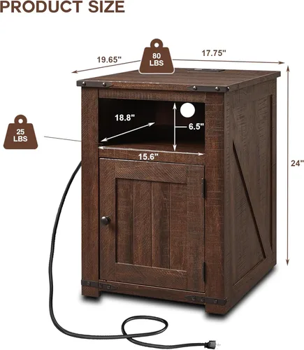 Miniatura 2 de IFGET - Mesita de noche con estación de carga, mesa auxiliar de 20" estilo granja con puerta de granero, mesa de sofá rústica de madera para cama
