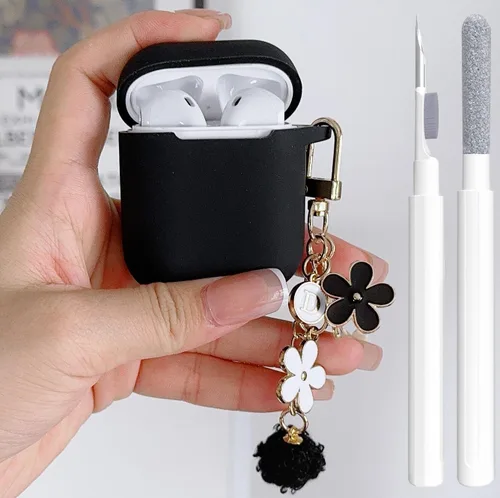 Miniatura 5 de Bonita funda negra para Airpods de 2ª/1ª generación para niñas y mujeres, con llavero de pompón de flores y kit de limpieza, funda protectora tipo