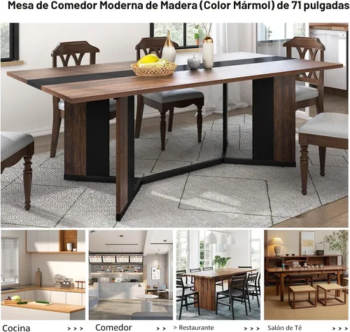 Miniatura 7 de Hlivelood - Mesa de comedor de 71 pulgadas para 6 personas, mesa de cocina rectangular moderna color marrón con superficie de madera impermeable