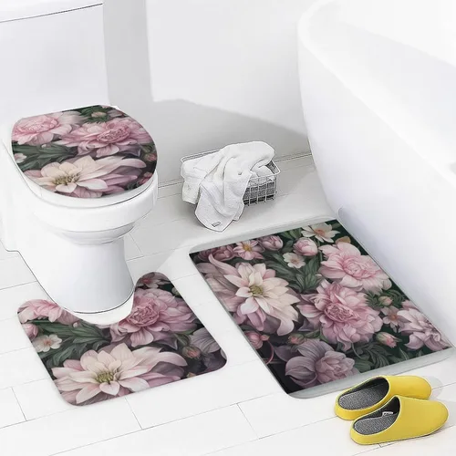 Miniatura 4 de Juego de 4 cortinas de ducha con alfombras, juego de baño con cortina de ducha y alfombras, 4 piezas, flores femeninas, lila, rosa, rubor, verde