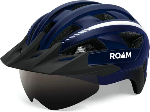 Roam Casco de bicicleta de carretera, cascos duraderos para adultos con visera solar, luz LED y gafas magnéticas desmontables, tamaño ajustable,