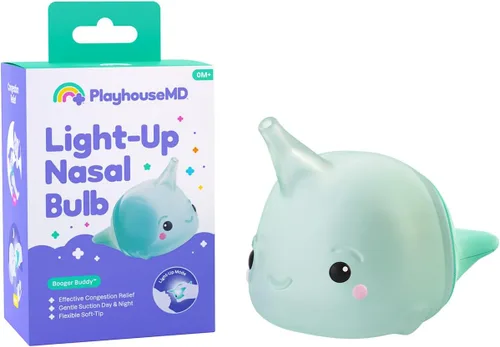 Playhouse MD Booger Buddy - Bombilla aspiradora nasal, Narwhal, con luz LED para bebés y niños pequeños, removedor de mocos sin BPA para aliviar la