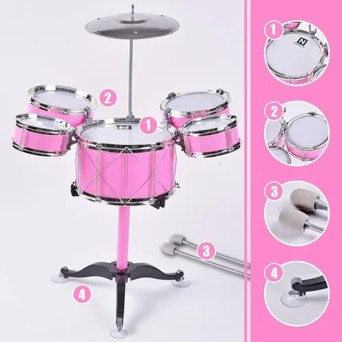 Miniatura 5 de Adecuado para niños de 3 a 6 años, juego de juguetes de batería para niños Rock Jazz Drum (rosa)