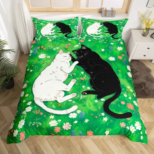 Funda de edredón de gatos negros y blancos, juego de ropa de cama verde para niños, bonita funda de edredón de gatos para decoración de habitación
