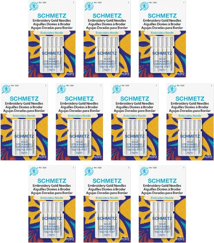 SCHMETZ Agujas doradas para máquina de coser bordadas, revestimiento de titanio para costuras suaves, tamaño 75/11, tarjetas de 5 agujas, caja de 10
