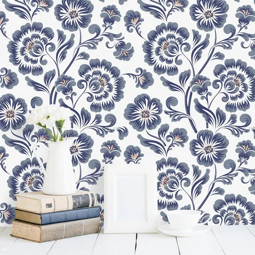 Miniatura 5 de VEELIKE Papel tapiz autoadhesivo con diseño floral vintage gris y azul de 17.7 x 354 pulgadas, papel de contacto autoadhesivo extraíble