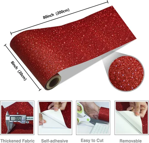 Miniatura 6 de CRE8TIVE Cenefa de Papel Tapiz Rojo con Purpurina de Despegar y Pegar Cenefa de Pared de Tela Brillante con Purpurina Calcomanías de Cenefas