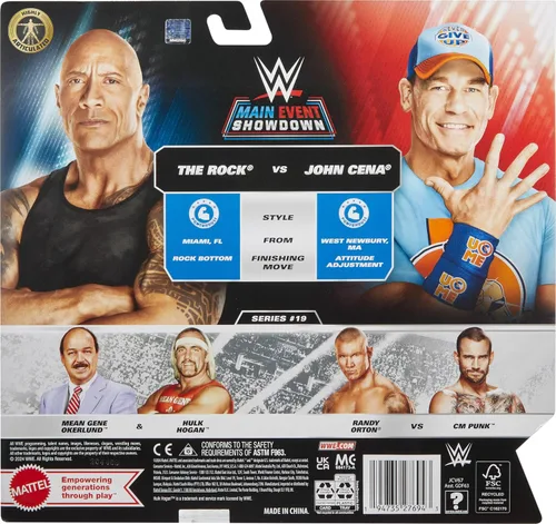 Miniatura 6 de Mattel WWE Main Event Championship Showdown - Juego de 2 figuras de acción y accesorios, serie #19 The Rock vs John Cena coleccionable