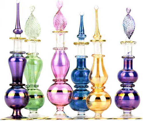 Miniatura 3 de NileCart Botellas de perfume egipcias sopladas a mano con decoración egipcia dorada hecha a mano para perfumes y aceites esenciales (6)