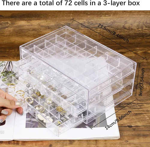 Miniatura 2 de Caja organizadora de cuentas para aretes, collar, joyero (3 cajones con 72 rejillas)