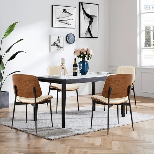 Miniatura 10 de LUNLING Sillas de comedor modernas de mediados de siglo, silla retro beige de piel sintética con asiento tapizado de madera curvada de nogal, patas