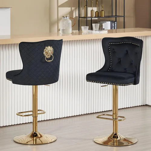 Juego de 2 taburetes de bar negros y dorados, taburetes de bar de terciopelo con respaldo de ala alta, modernas sillas de bar tapizadas, taburete de