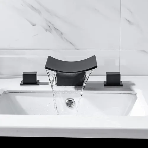 Miniatura 6 de Grifos de baño en cascada, moderno grifo de lavabo de baño de 3 agujeros, grifo mezclador de lavabo de latón de doble mango con mangueras de Negro