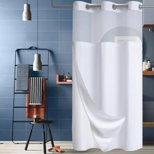Miniatura 8 de Conbo Mio Cortina de ducha sin ganchos de tela de gofre con forro extraíble, lujosa para hotel, azul oscuro, para baño con ventana transparente