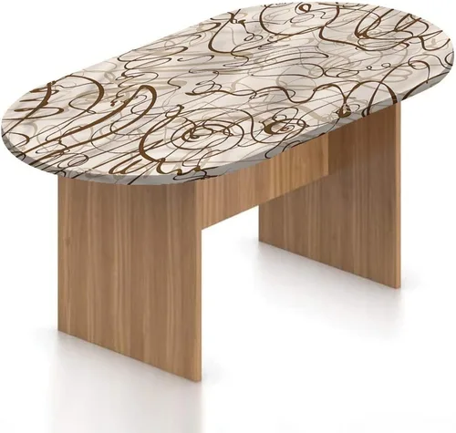Mantel ajustable ovalado de poliéster con bordes elásticos color crema, almohadilla de mesa con estampado de curvas dibujadas a mano, se adapta a