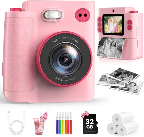 Juguetes de cámara para niños de 3, 4, 5, 6, 7, 8, 9, 10 años, regalo de cumpleaños de Navidad con cámara digital HD 1080P, tarjeta SD de 32 GB, Rosa