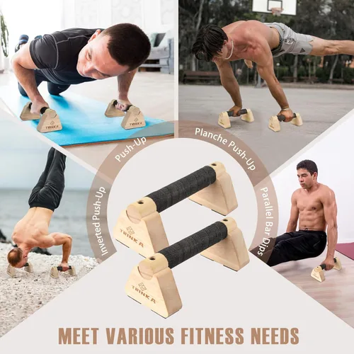 Miniatura 7 de Barras de levantamiento de paraletas de madera, 2 barras de calistenia de madera con base antideslizante, asas de flexión para gimnasio en el piso