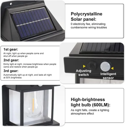 Miniatura 4 de Luces solares de pared para exteriores, lámpara inalámbrica de porche del atardecer al amanecer, linterna solar de pared con 3 modos y sensor