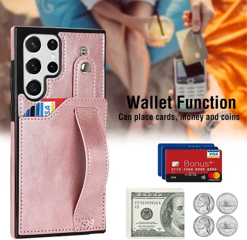 Miniatura 3 de Funda para teléfono Samsung Galaxy S22 Ultra 5G con protector de pantalla, correa de muñeca ajustable, atril, ranura para tarjeta de crédito, Oro