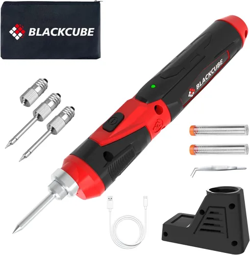 BLACKCUBE Kit de soldador inalámbrico de 4 V, soldador recargable con batería de iones de litio de calor rápido de 2000 mAh, foco LED y puntas de