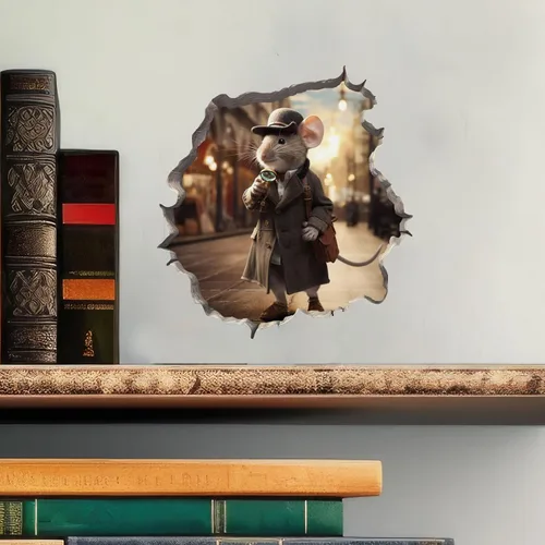 Miniatura 2 de Detective Sherlock Holmes Mouse in Mouse Hole Calcomanía de pared 3D