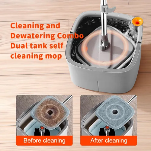Miniatura 6 de Juego de trapeador giratorio y cubo con sistema de agua sucia y limpia de separación automática con cabezal de trapeador giratorio de 360°
