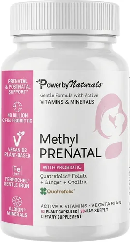 Power By Naturals Metil prenatal con probióticos - Vitaminas prenatales para mujeres con hierro, folato de metilo, nutrientes B12 y 28 y botánicos -