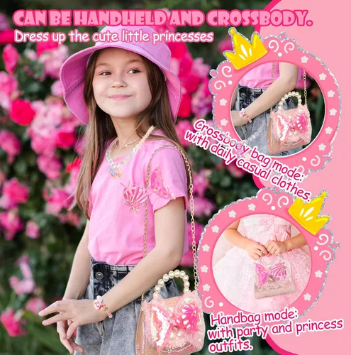 Miniatura 3 de LSSAGOON Bolso para niñas pequeñas, bolso con juego de joyas para niños, mini bolso cruzado de perla, regalos para cumpleaños y Navidad, Púrpura
