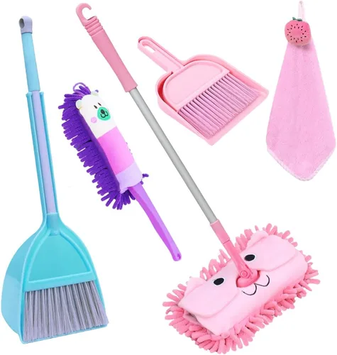 Juego de limpieza de 7 piezas, herramientas de limpieza para niños, juguetes de cocina, incluye trapeador, escoba, recogedor, cepillo, delantal,