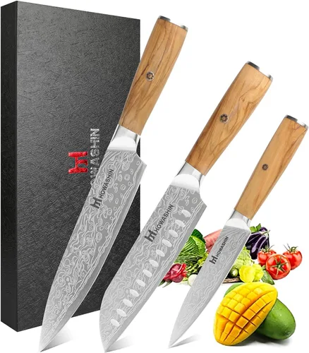 Miniatura 8 de Juego de cuchillos de cocina de acero inoxidable alemán, 3 piezas, cuchillo de chef de alto carbono, mango ergonómico de madera