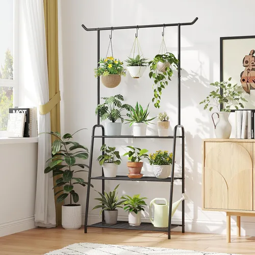 Miniatura 5 de Kitsanery Soporte para plantas para interiores y exteriores, soportes de metal para múltiples plantas, estante colgante de 3 niveles de alto, Negro